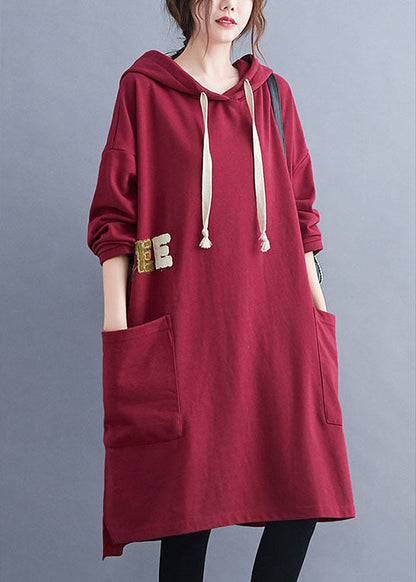French Red Hooded Graphic Cotton Sweatshirt Dress Winter