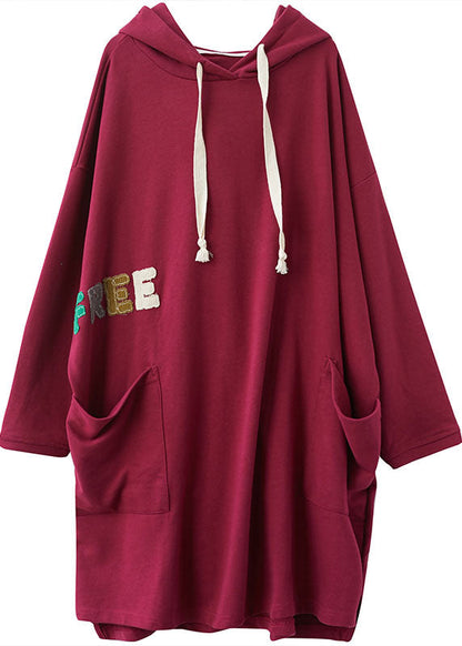 French Red Hooded Graphic Cotton Sweatshirt Dress Winter