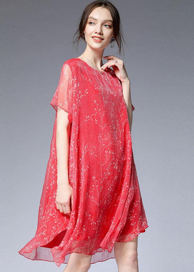 French Red O-neck Asymmetrical Design Summer Chiffon Dresses Short Sleeve