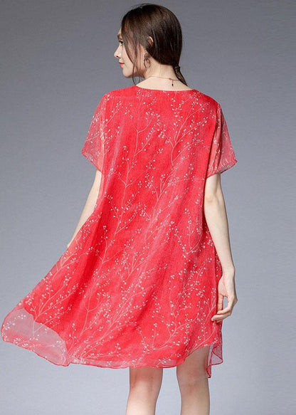 French Red O-neck Asymmetrical Design Summer Chiffon Dresses Short Sleeve