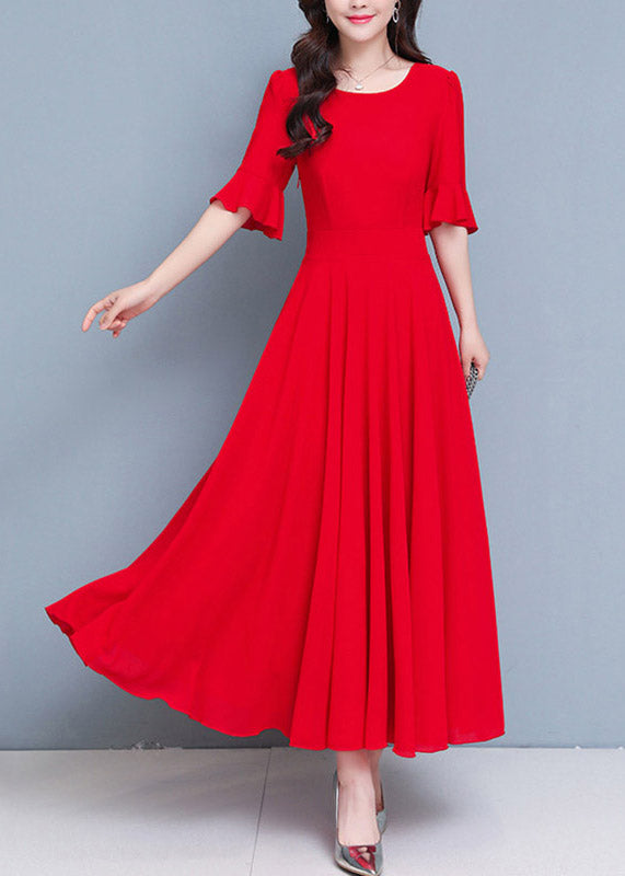French Red O-neck Patchwork High Waist Maxi Dress Summer