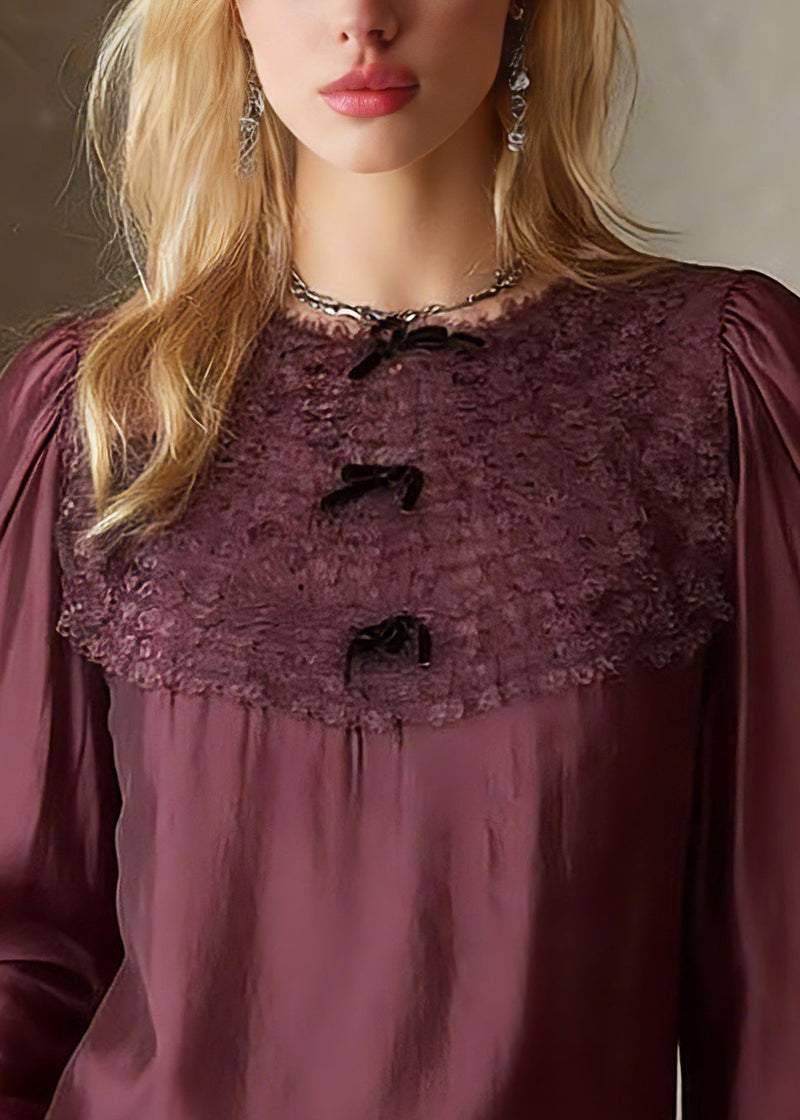 French Red O-neck Patchwork Tops Lantern Sleeve