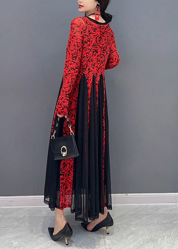 French Red O-neck Print Tulle Maxi Dresses Spring