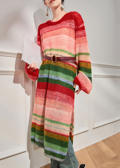 French Red O-neck Striped Sashes Knitted Cotton Thread Long Dress Spring