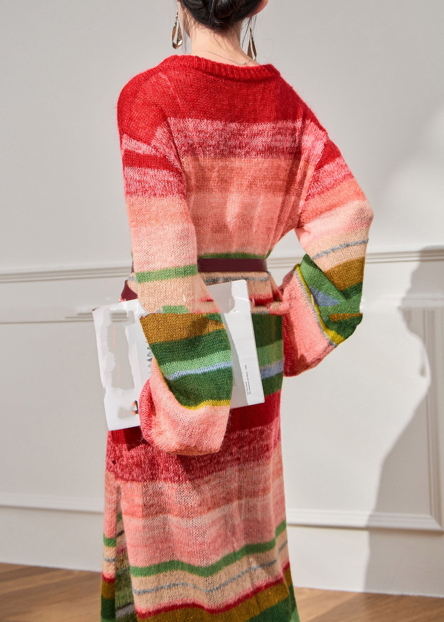 French Red O-neck Striped Sashes Knitted Cotton Thread Long Dress Spring