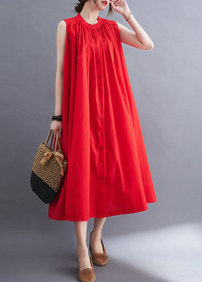 French Red O-neck Wrinkled Cotton a Line Dresses Sleeveless