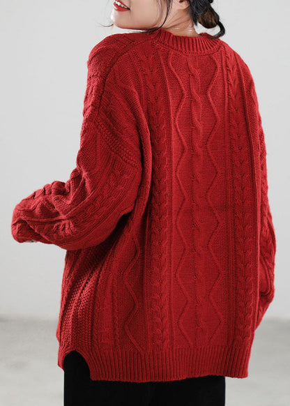 French Red O-neck Side Open Knit Sweater Tops Spring