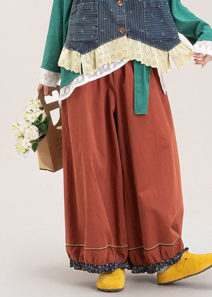 French Red Patchwork Elastic Waist Wide Leg Pants Fall