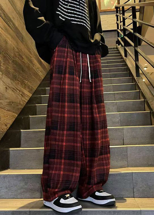 French Red Plaid Elastic Waist Warm Fleece Pants Spring