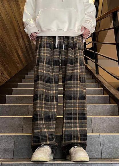 French Red Plaid Elastic Waist Warm Fleece Pants Spring