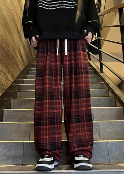 French Red Plaid Elastic Waist Warm Fleece Pants Spring