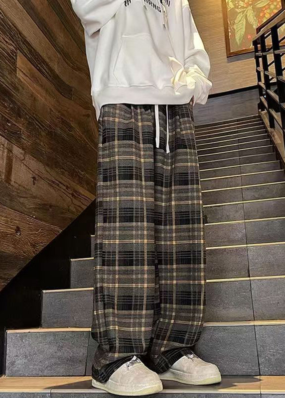 French Red Plaid Elastic Waist Warm Fleece Pants Spring