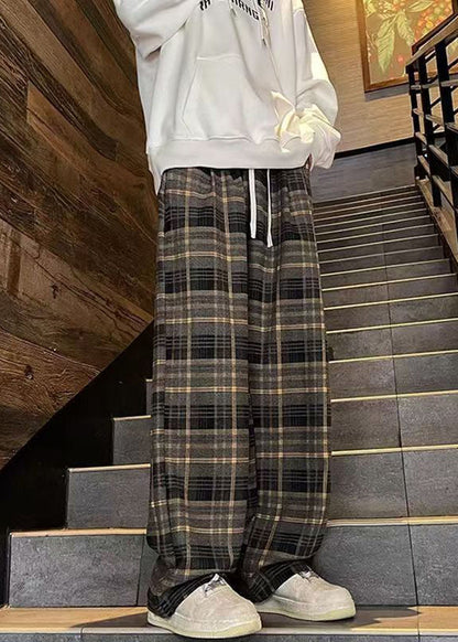 French Red Plaid Elastic Waist Warm Fleece Pants Spring