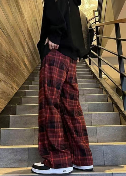 French Red Plaid Elastic Waist Warm Fleece Pants Spring