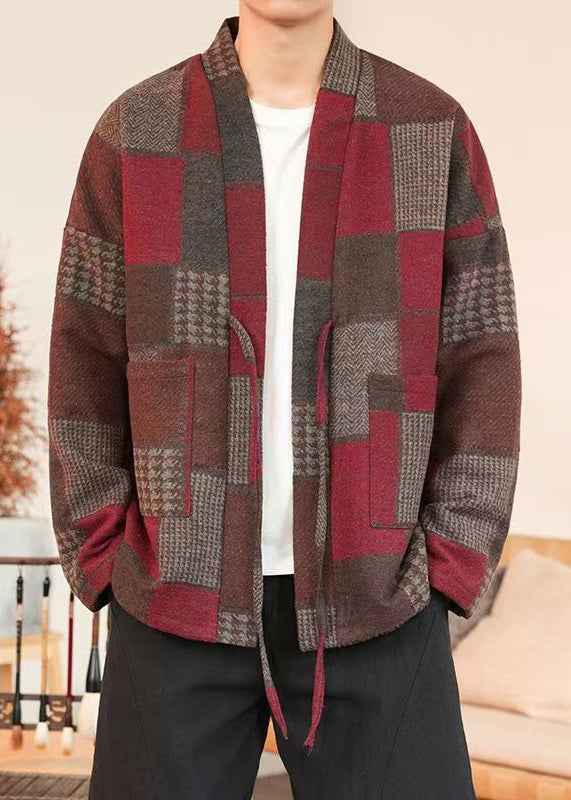 French Red Plaid Lace Up Woolen Coats Winter