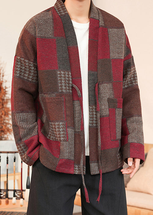 French Red Plaid Lace Up Woolen Coats Winter