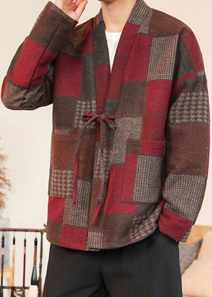French Red Plaid Lace Up Woolen Coats Winter