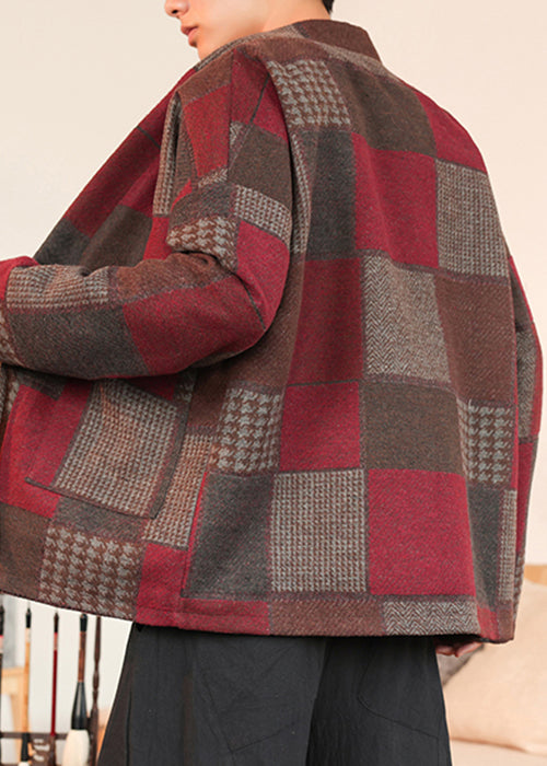 French Red Plaid Lace Up Woolen Coats Winter