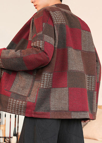 French Red Plaid Lace Up Woolen Coats Winter