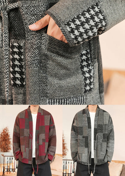 French Red Plaid Lace Up Woolen Coats Winter