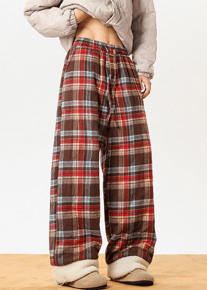 French Red Pockets Plaid Patchwork Warm Fleece Pants Winter