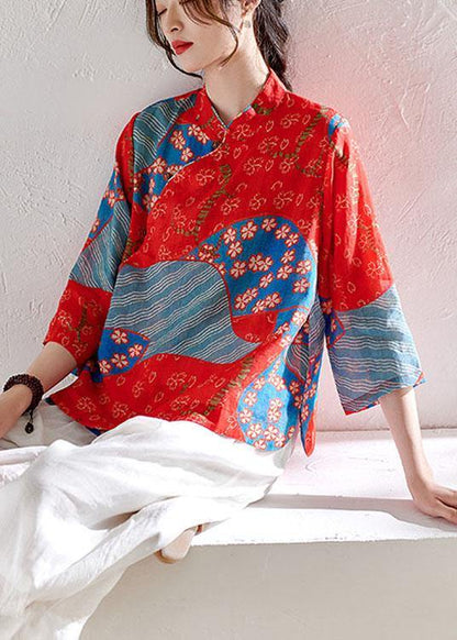 French Red Print Button Summer Ramie Shirt Tops