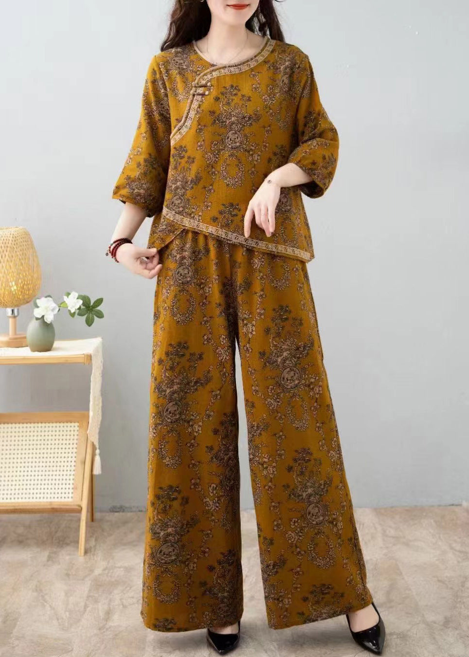 French Red Print Tops and Pants Cotton Two Pieces Set Half Sleeve