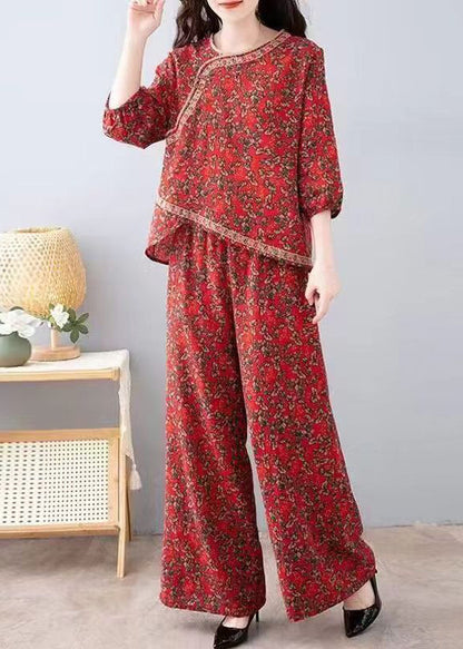 French Red Print Tops and Pants Cotton Two Pieces Set Half Sleeve