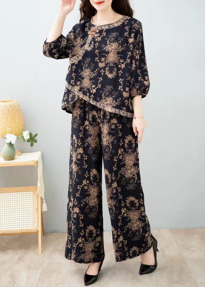 French Red Print Tops and Pants Cotton Two Pieces Set Half Sleeve