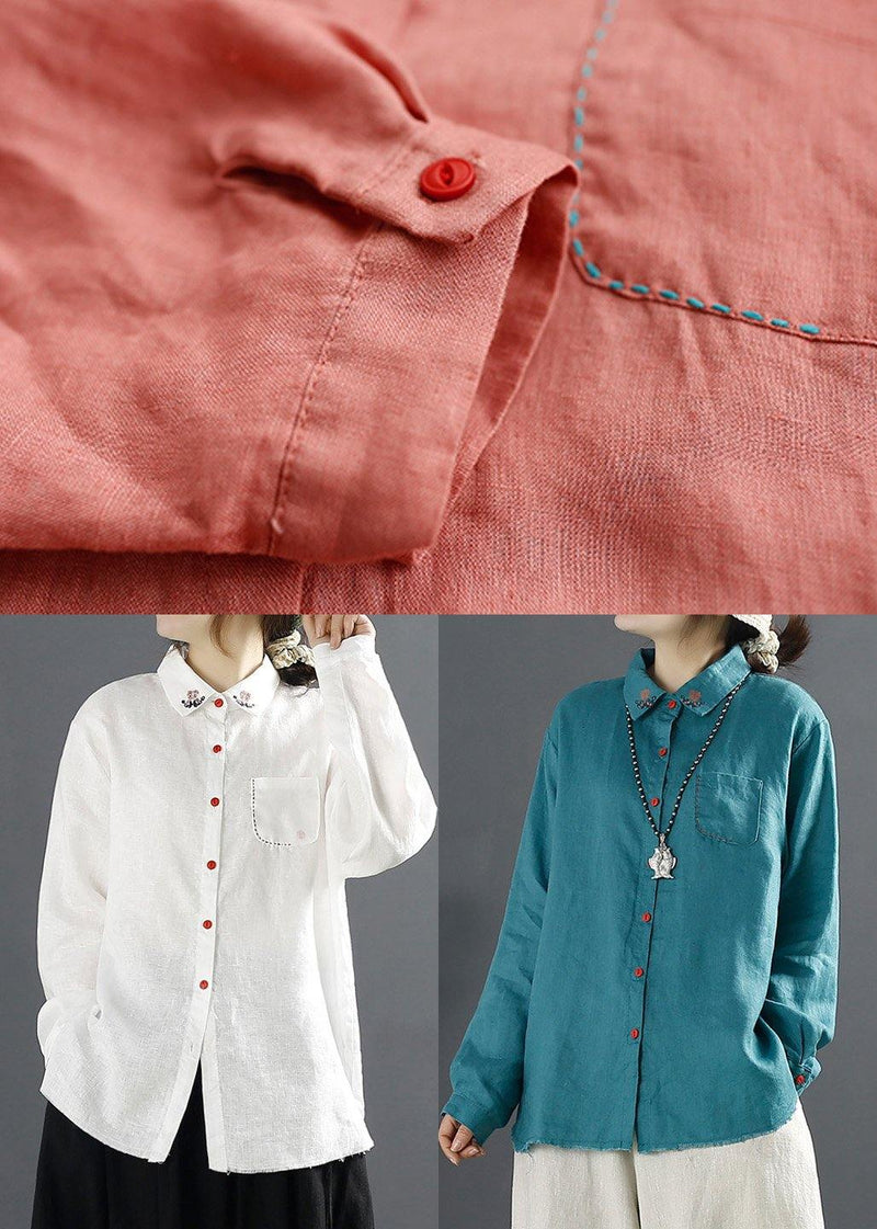 French Red Shirts Lapel Embroidery Blouses