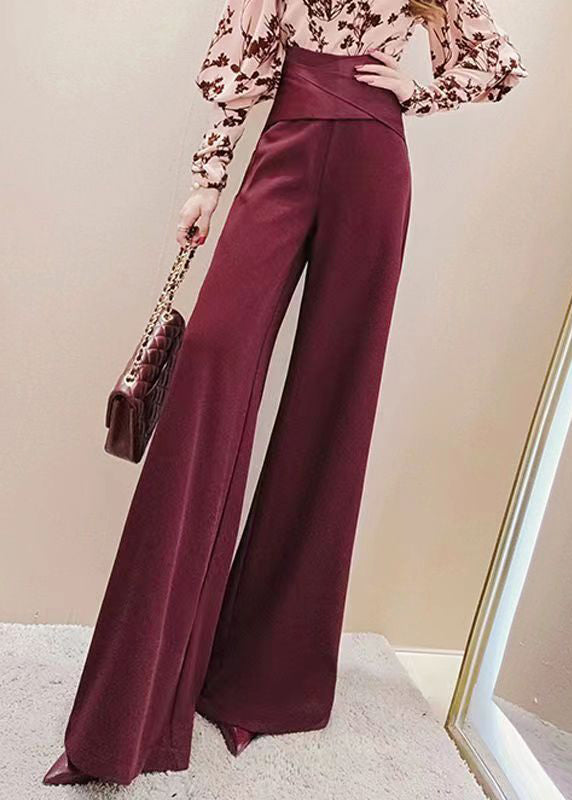 French Red High Waist Cotton Wide Leg Pants Spring