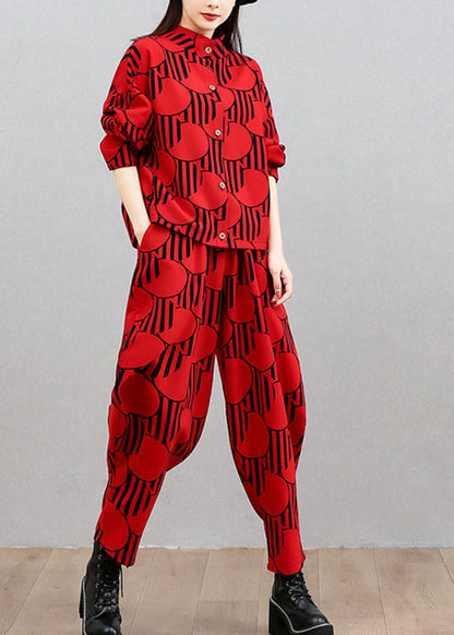 French Red Stand Collar Shirts and Beam Pants Two Pieces Set Long Sleeve
