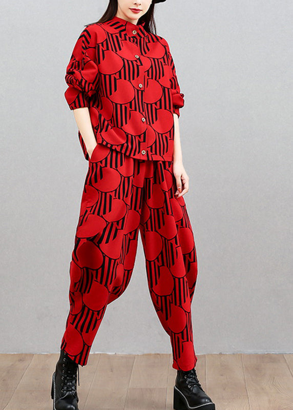 French Red Stand Collar Shirts and Beam Pants Two Pieces Set Long Sleeve
