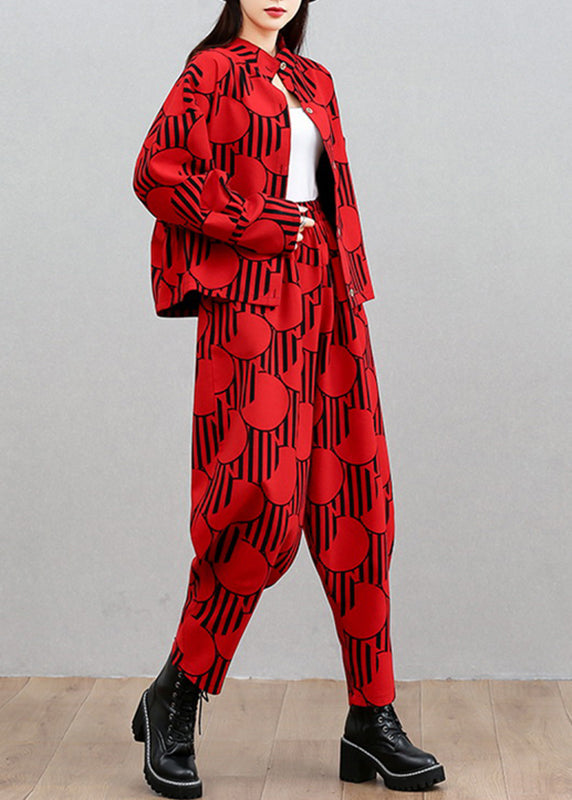 French Red Stand Collar Shirts and Beam Pants Two Pieces Set Long Sleeve