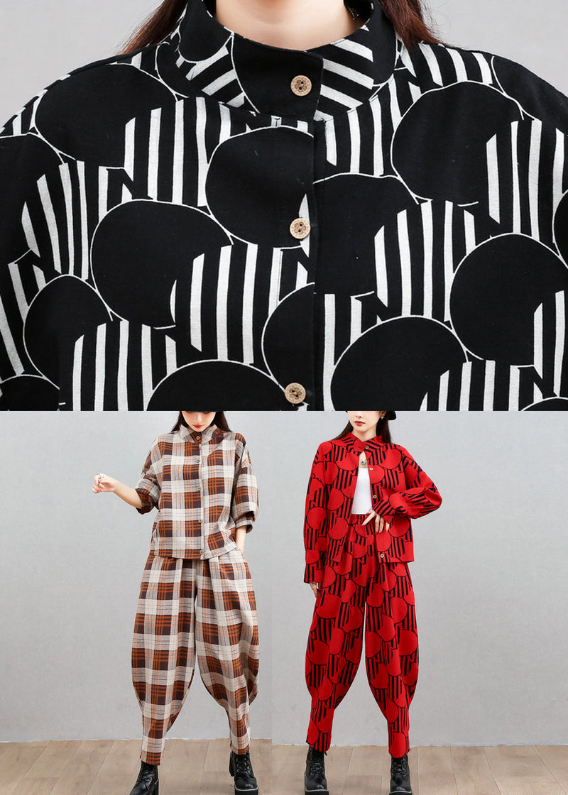 French Red Stand Collar Shirts and Beam Pants Two Pieces Set Long Sleeve