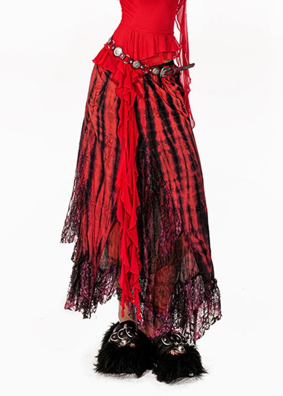 French Red Tie Dye Asymmetrical Patchwork a Line Skirts