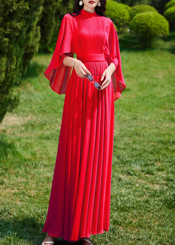 French Red Turtleneck Wrinkled Slim Silk Long a Line Dress Summer