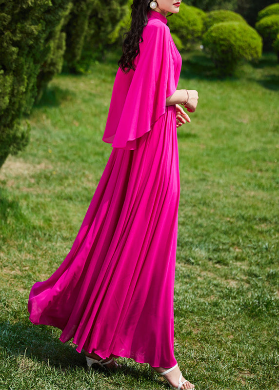 French Red Turtleneck Wrinkled Slim Silk Long a Line Dress Summer