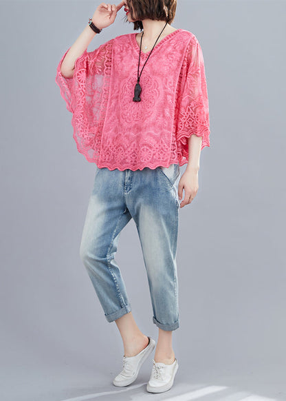 French Red V Neck Embroideried Cotton Blouses Batwing Sleeve