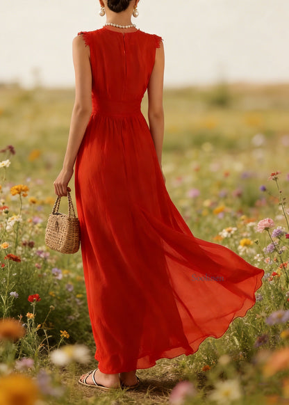 French Red V Neck Lace Patchwork Cotton Maxi Dress Summer
