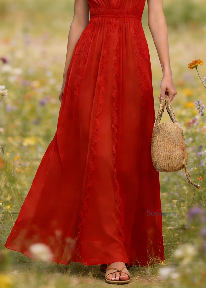 French Red V Neck Lace Patchwork Cotton Maxi Dress Summer