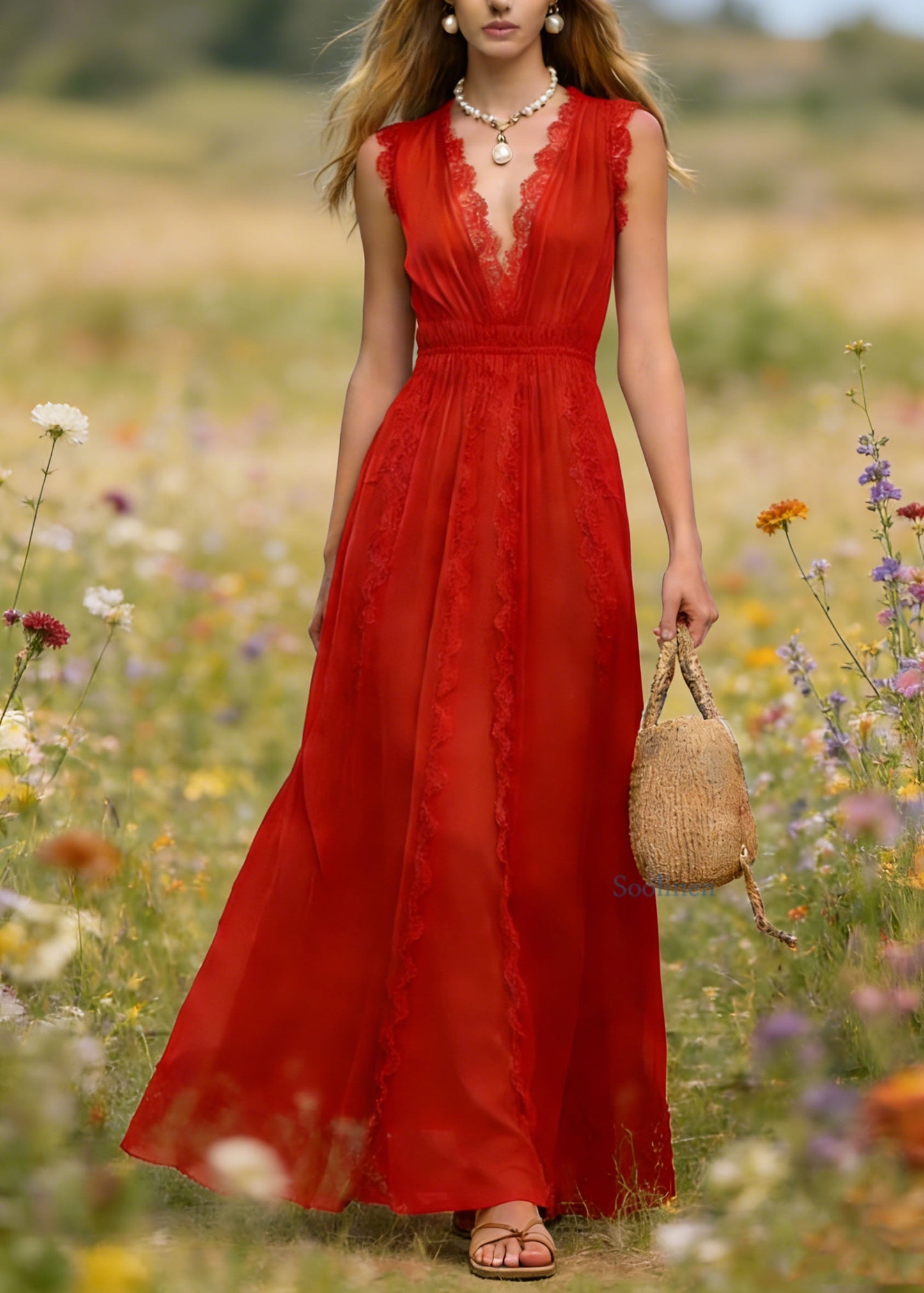 French Red V Neck Lace Patchwork Cotton Maxi Dress Summer