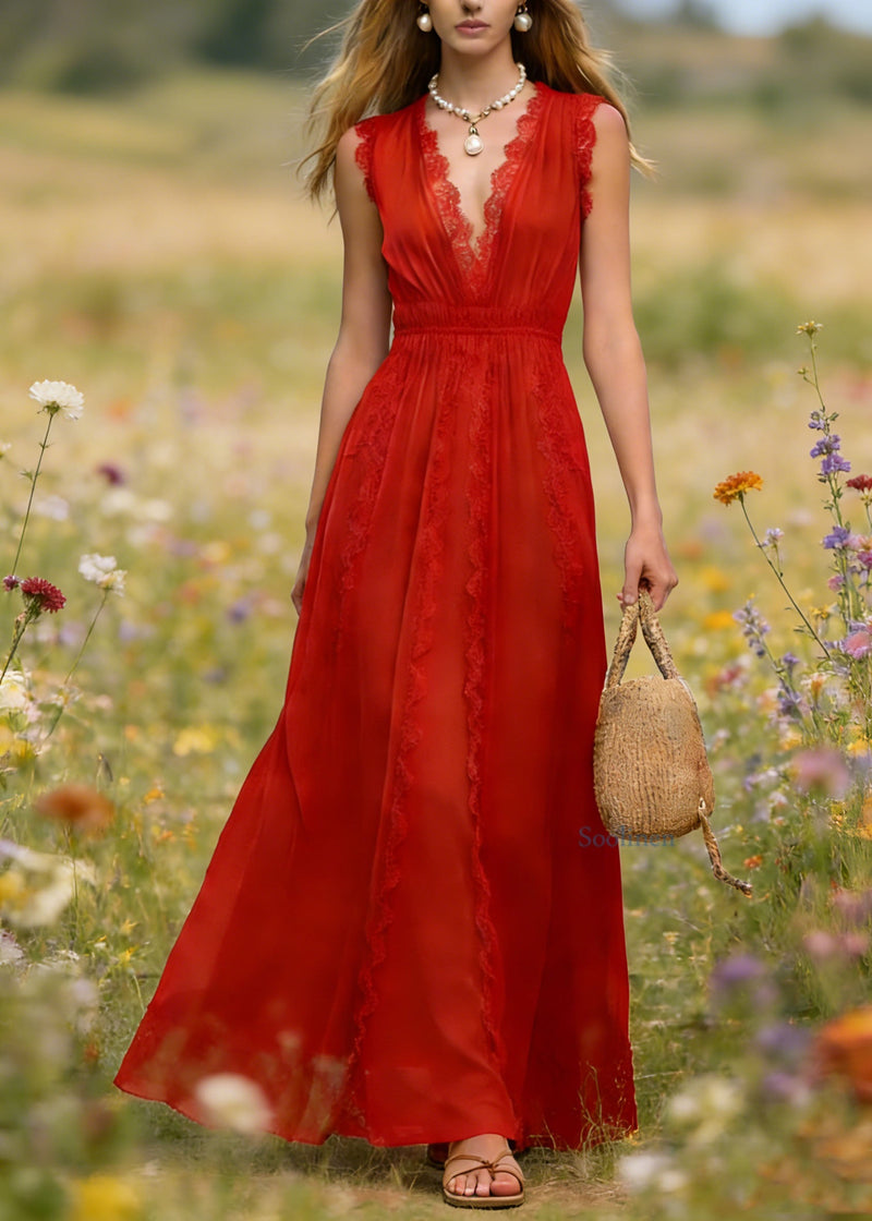 French Red V Neck Lace Patchwork Cotton Maxi Dress Summer