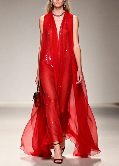 French Red V Neck Zircon Patchwork Chiffon Ankle Dress Sleeveless