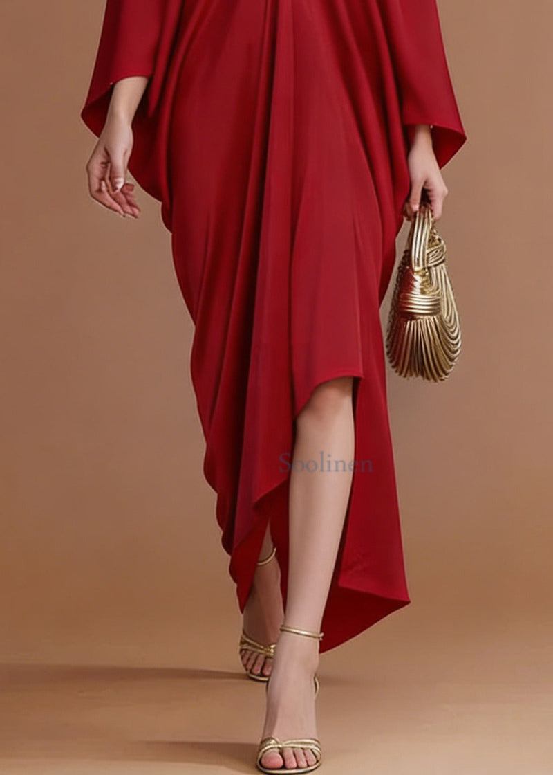 French Red V Neck Zircon Silk Party Dresses Batwing Sleeve
