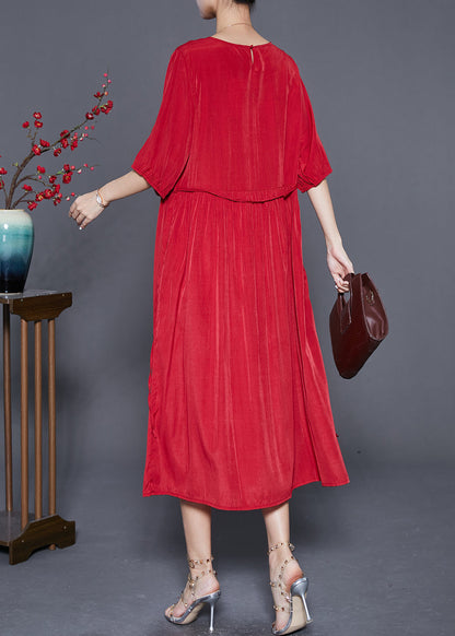 French Red Wrinkled Tie Waist Linen Long Dresses Summer