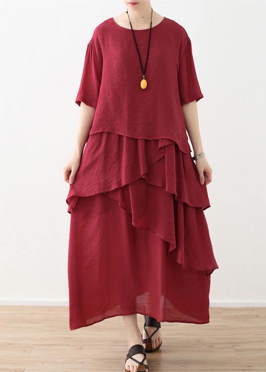 French Red Asymmetrical Design Patchwork Cotton Linen Dress