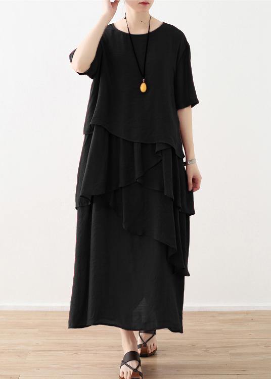 French Red Asymmetrical Design Patchwork Cotton Linen Dress