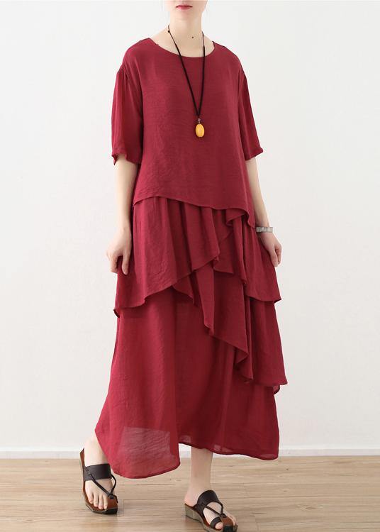 French Red Asymmetrical Design Patchwork Cotton Linen Dress