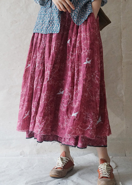 French Red Elastic Waist Drawstring Pocket Print Linen Skirts Spring